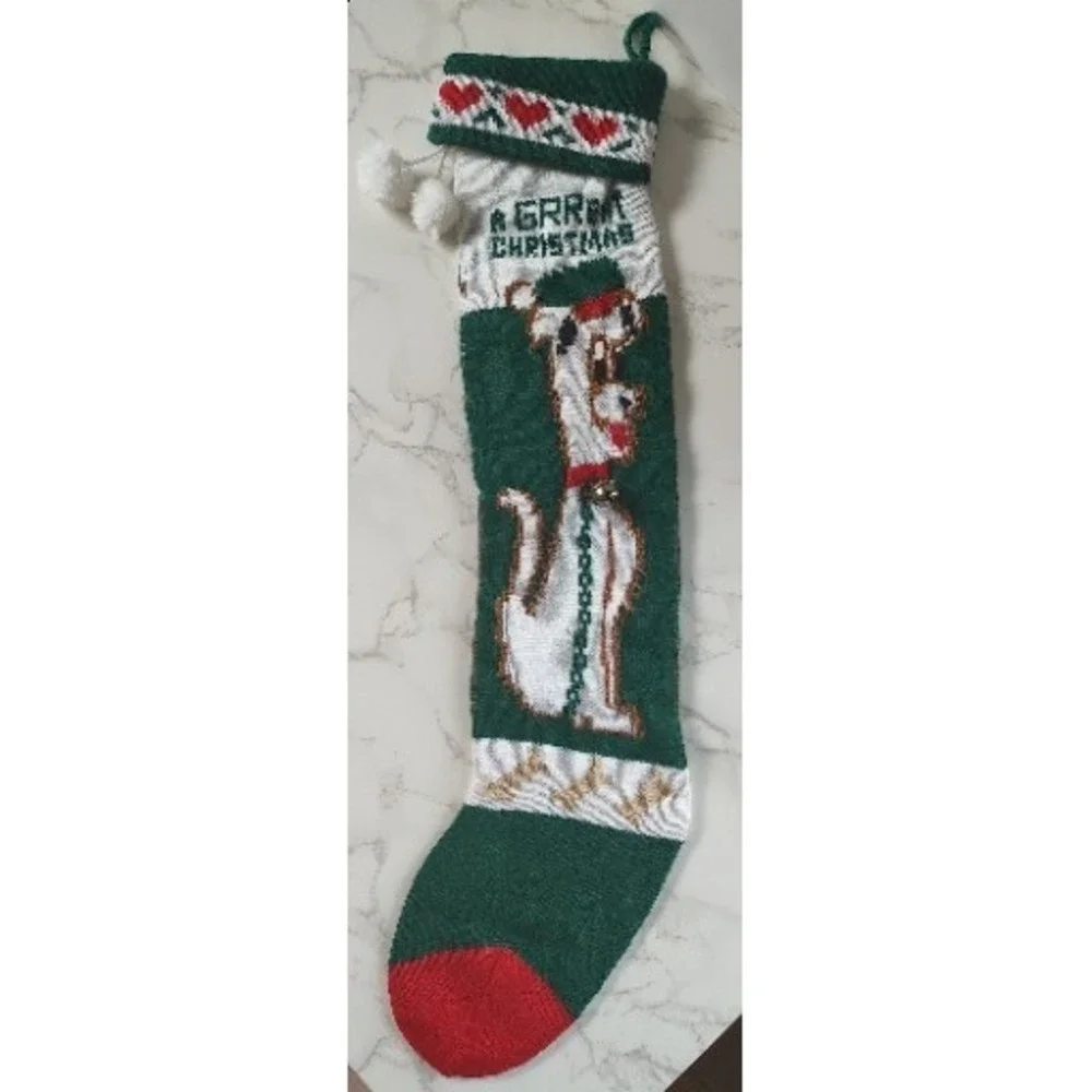Vtg Christmas Stocking Dog Puppy Santa Dog With Hat Bell Pom A19